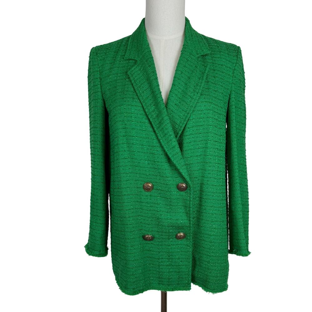 Zara Tweed Double-Breasted Blazer Jacket Green Long Sleeves S Oversized Fit